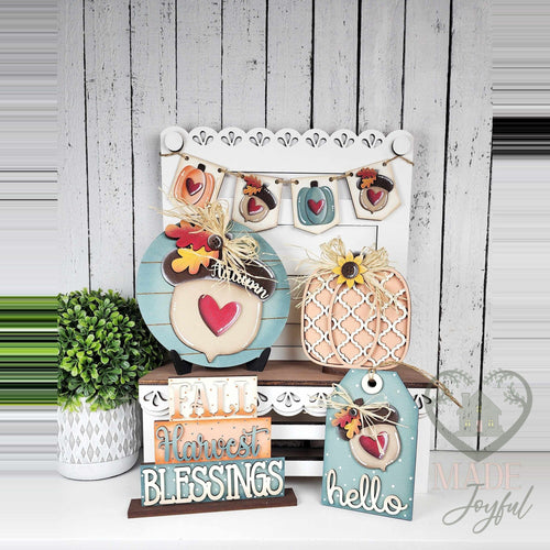 Fall Harvest tiered tray set with pumpkin round, Harvest Blessings stacker, lattice pumpkin, and acorn tag, hand-painted in Brentwood, TN.