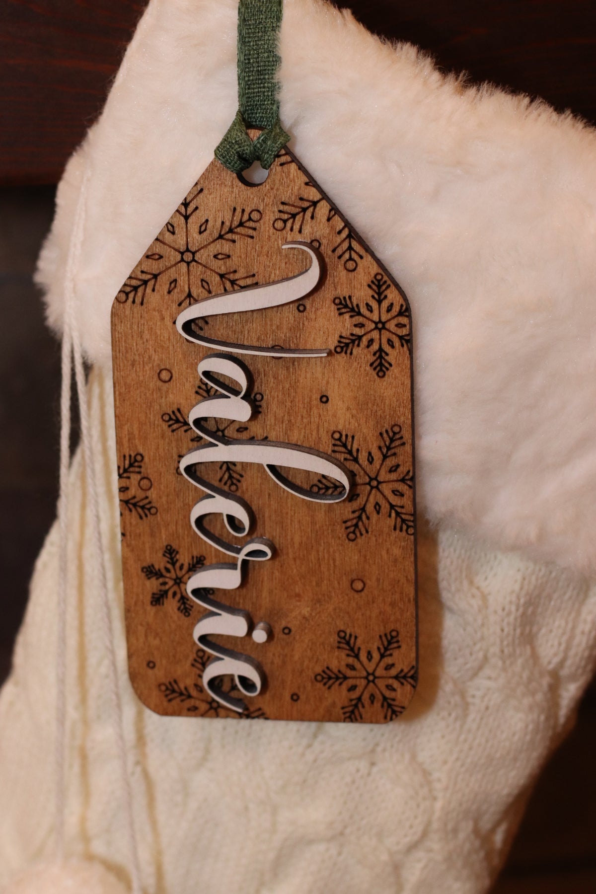 Personalized Stained Wood Stocking Tag: 3D Snowflake Christmas Decor