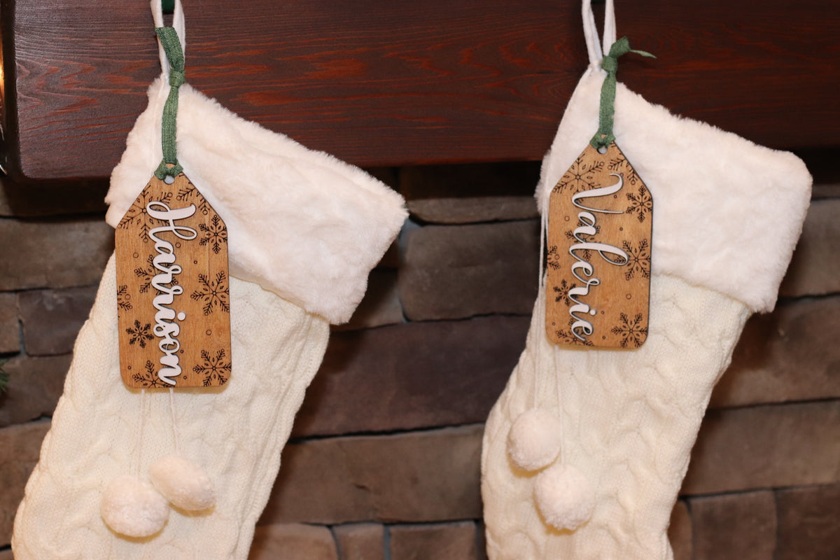 Personalized Stained Wood Stocking Tag: 3D Snowflake Christmas Decor