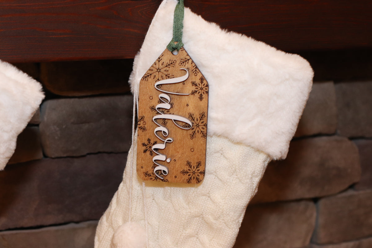 Personalized Stained Wood Stocking Tag: 3D Snowflake Christmas Decor