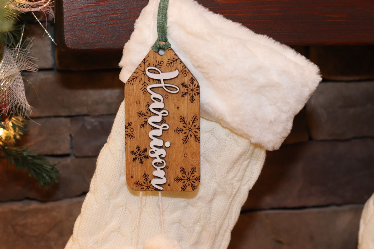 Personalized Stained Wood Stocking Tag: 3D Snowflake Christmas Decor