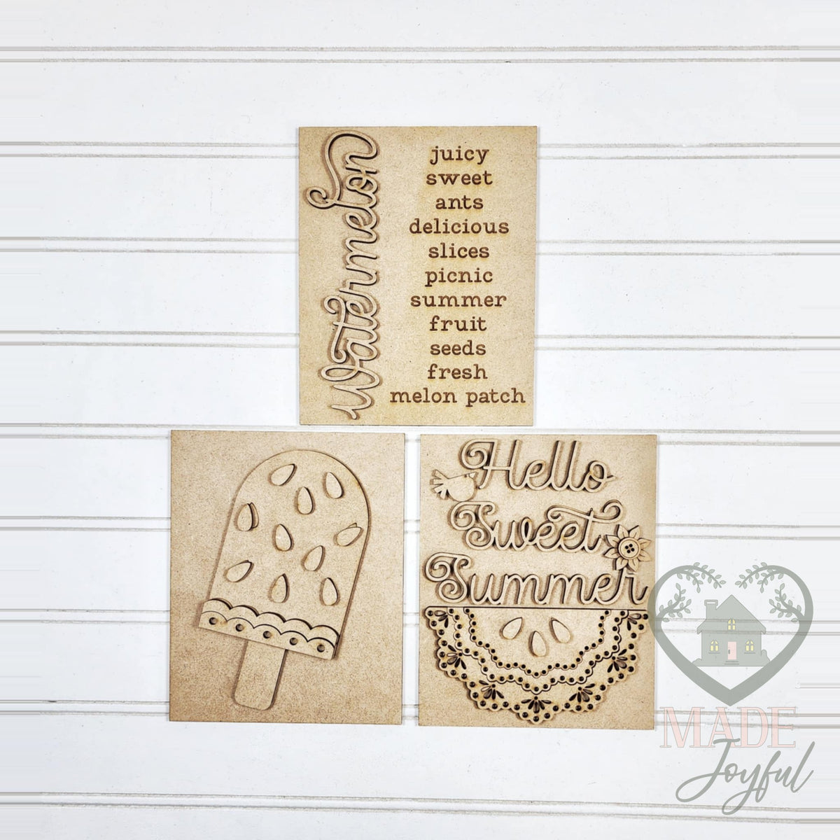 Unfinished laser-cut wood watermelon trio DIY kit with Watermelon word list, popsicle, and Hello Sweet Summer inserts, ready to paint at a DIY party in Williamson County, TN.