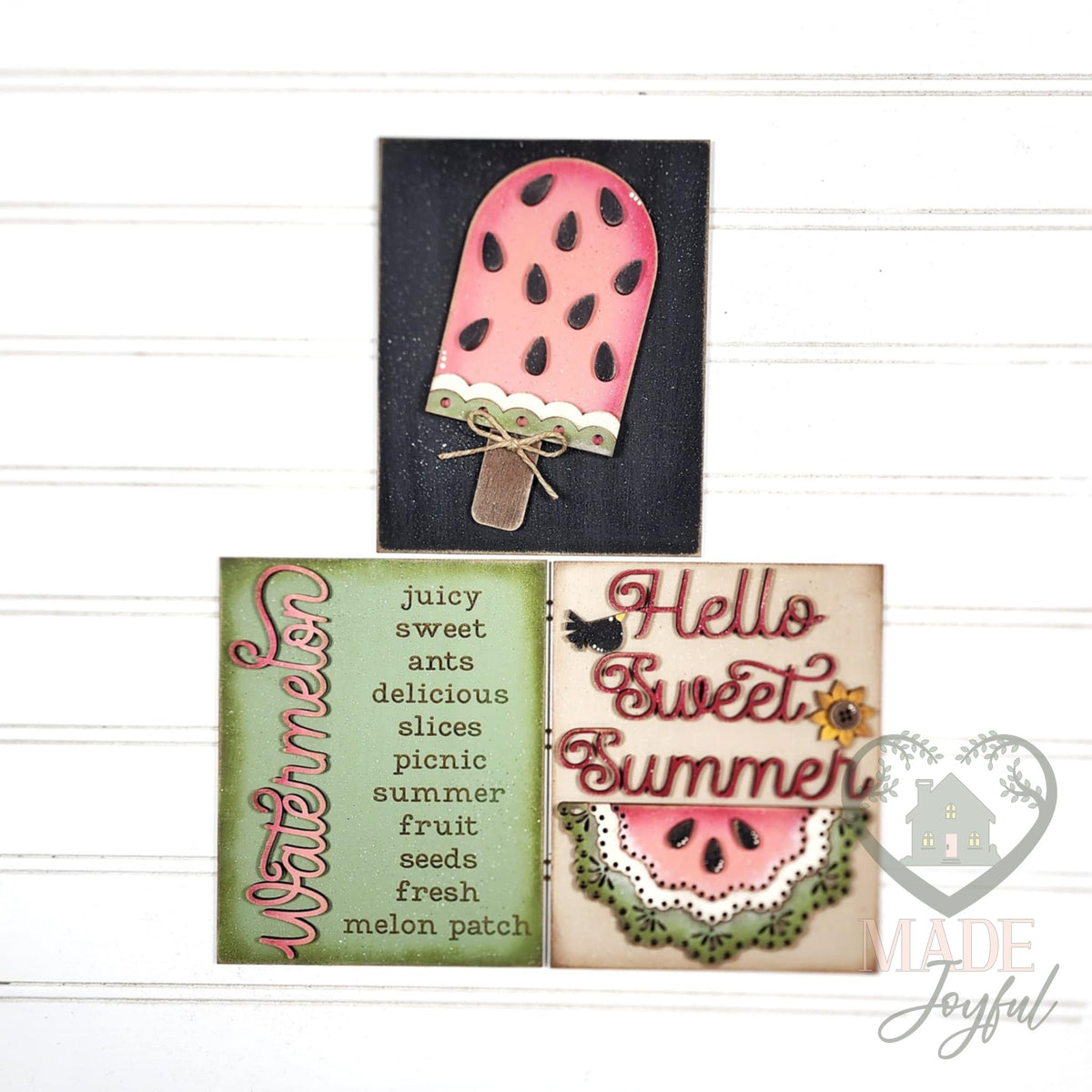 Hello Sweet Summer watermelon insert trio of hand-painted 3D wood signs: a black watermelon popsicle, a green Watermelon word list, and Hello Sweet Summer with a lace-edged watermelon slice, made in Brentwood, TN.