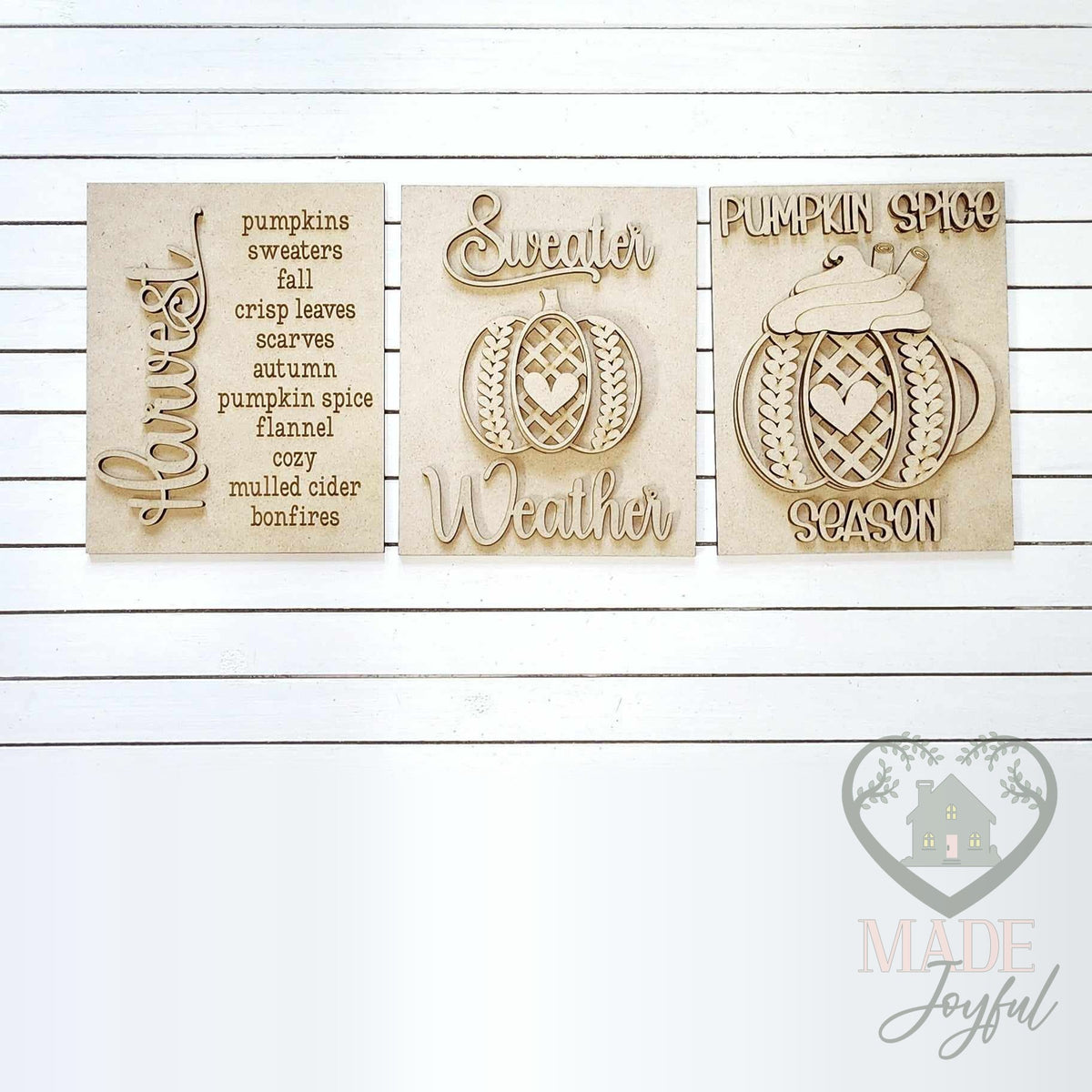 Unfinished laser-cut wood Pumpkin Spice Season trio DIY kit with Harvest word list, Sweater Weather, and pumpkin spice mug inserts, ready to paint at a DIY party in Williamson County, TN.