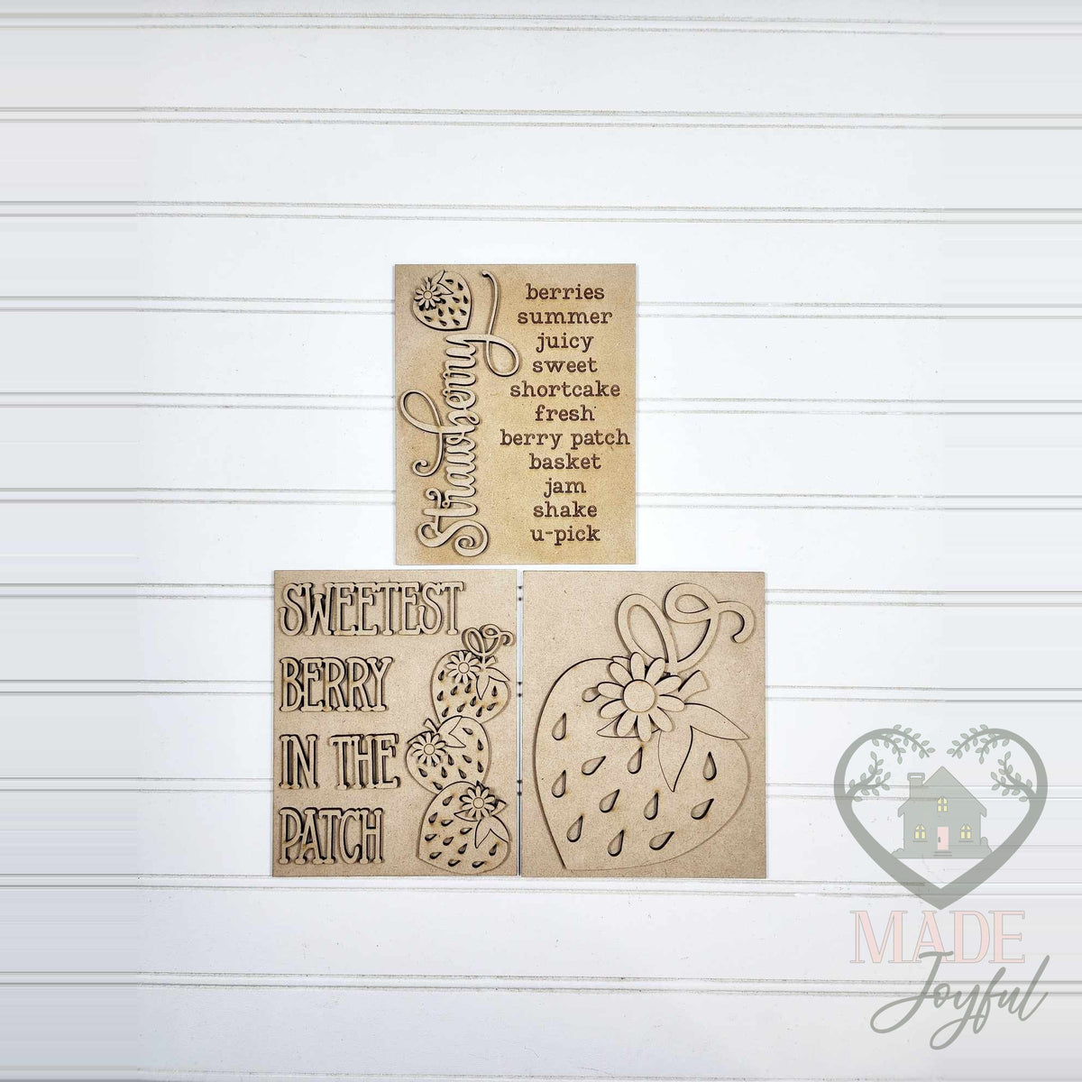 Unfinished laser-cut wood Berry Sweet insert trio DIY kit with Strawberry word list, Sweetest Berry in the Patch, and a large strawberry, ready to paint at a DIY party in Williamson County, TN.