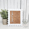 Sugar & Spice word-list insert with whimsical, jolly, frosted, be merry, cozy, gingerbread, festive, village, molasses, cinnamon, and spiced in a white scalloped frame.