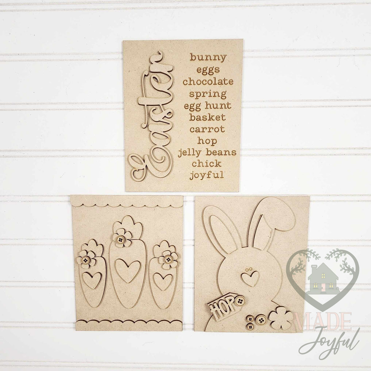Unfinished laser-cut wood Prim Easter trio DIY kit with Easter word list, carrot, and bunny inserts, ready to paint at a DIY party in Williamson County, TN.