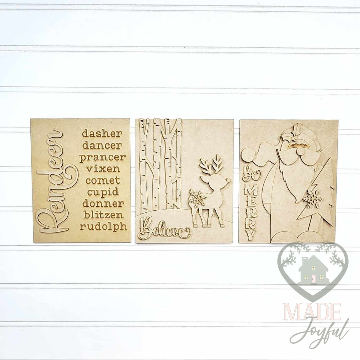 Unfinished laser-cut wood Oh Deer Christmas trio DIY kit with Reindeer name list, Believe reindeer, and Be Merry Santa inserts, ready to paint at a DIY party in Williamson County, TN.