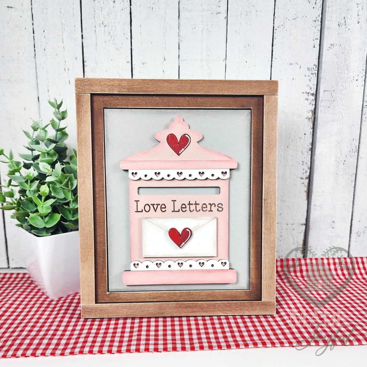 Vintage Love Letters mailbox 3D wood insert in blush pink with a red heart envelope on gray, in a stained farmhouse frame.