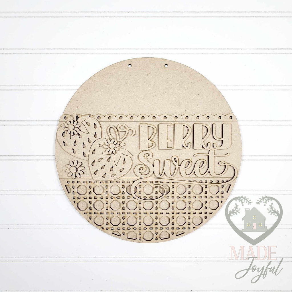 Unfinished laser-cut wood Berry Sweet strawberry door hanger kit, ready to paint at a DIY party in Williamson County, TN.