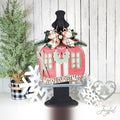 Ski Gondola Merry Christmas 3D wood door hanger in red with a wreath, skis, and a Merry Christmas banner, topped with a plaid bow, hand-painted in Brentwood, TN.