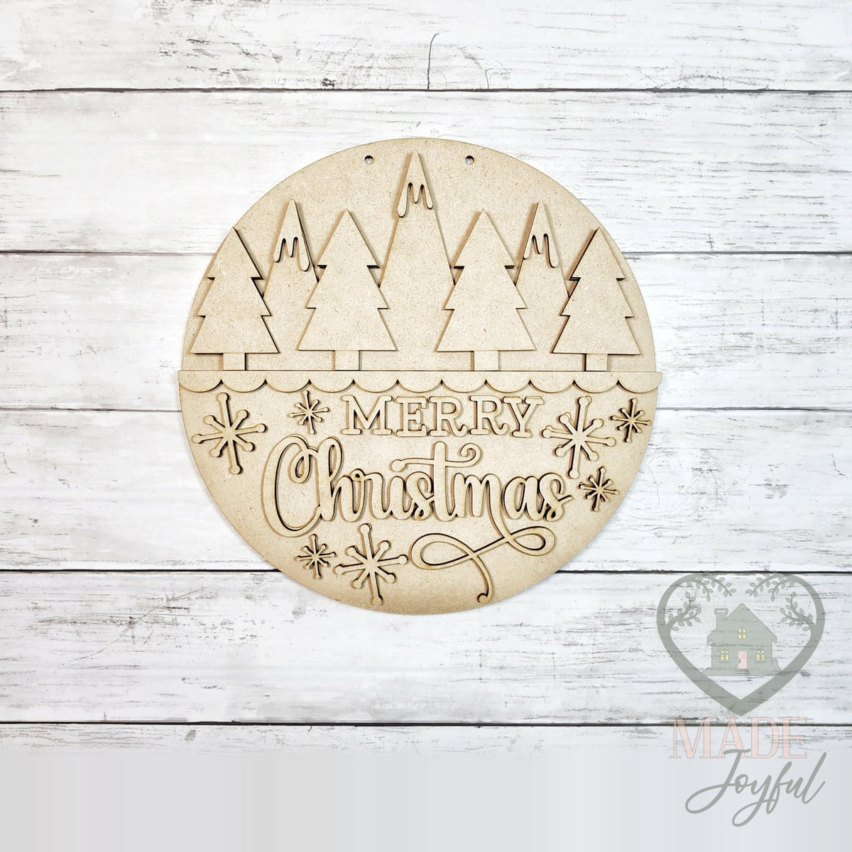Unfinished laser-cut wood Merry Christmas Trees door hanger kit, ready to paint at a DIY party in Williamson County, TN.
