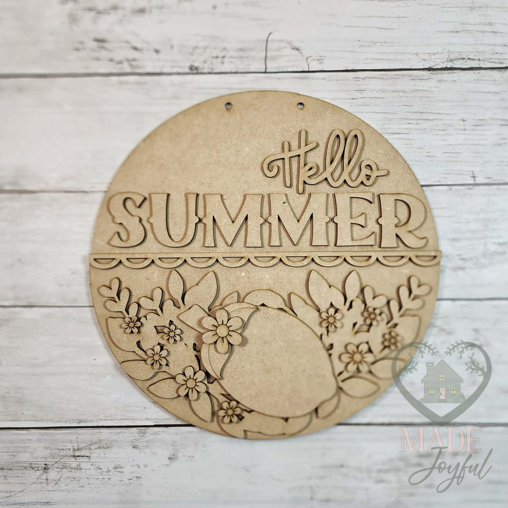 Unfinished laser-cut wood Hello Summer lemon door hanger kit, ready to paint at a DIY party in Williamson County, TN.