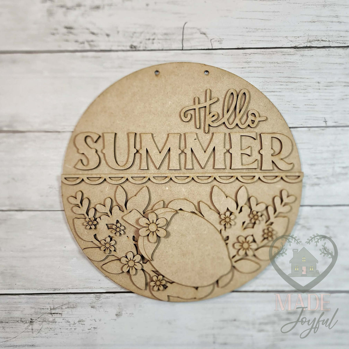 Unfinished laser-cut wood Hello Summer lemon door hanger kit, ready to paint at a DIY party in Williamson County, TN.