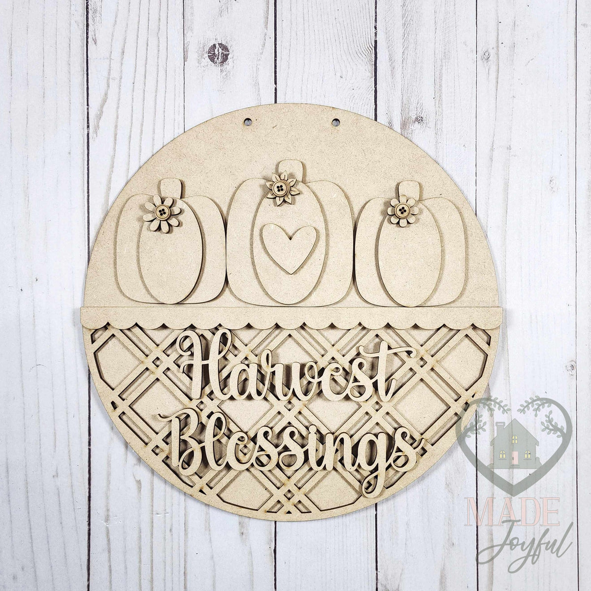 Unfinished laser-cut wood Harvest Blessings door hanger DIY kit, ready to paint at a DIY party in Williamson County, TN.