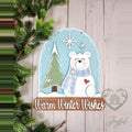Warm Winter Wishes snow globe door hanger with a polar bear in a lavender scarf, a snowy tree, and a wood banner, hand-painted in Brentwood, TN.