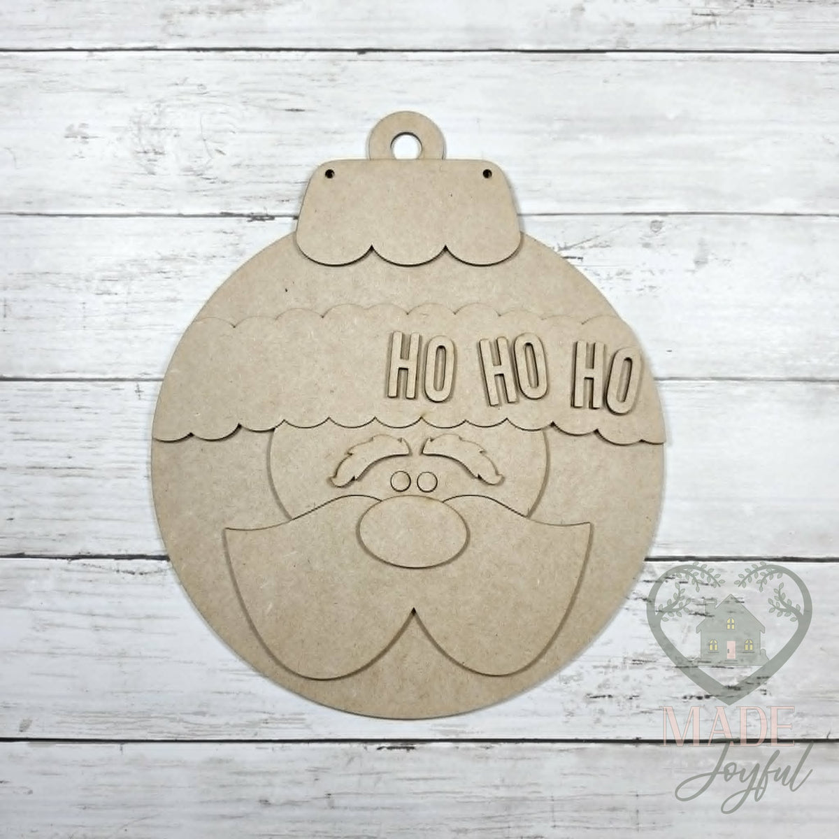 Unfinished laser-cut wood Ho Ho Ho Santa ornament door hanger kit, ready to paint at a DIY party in Williamson County, TN.