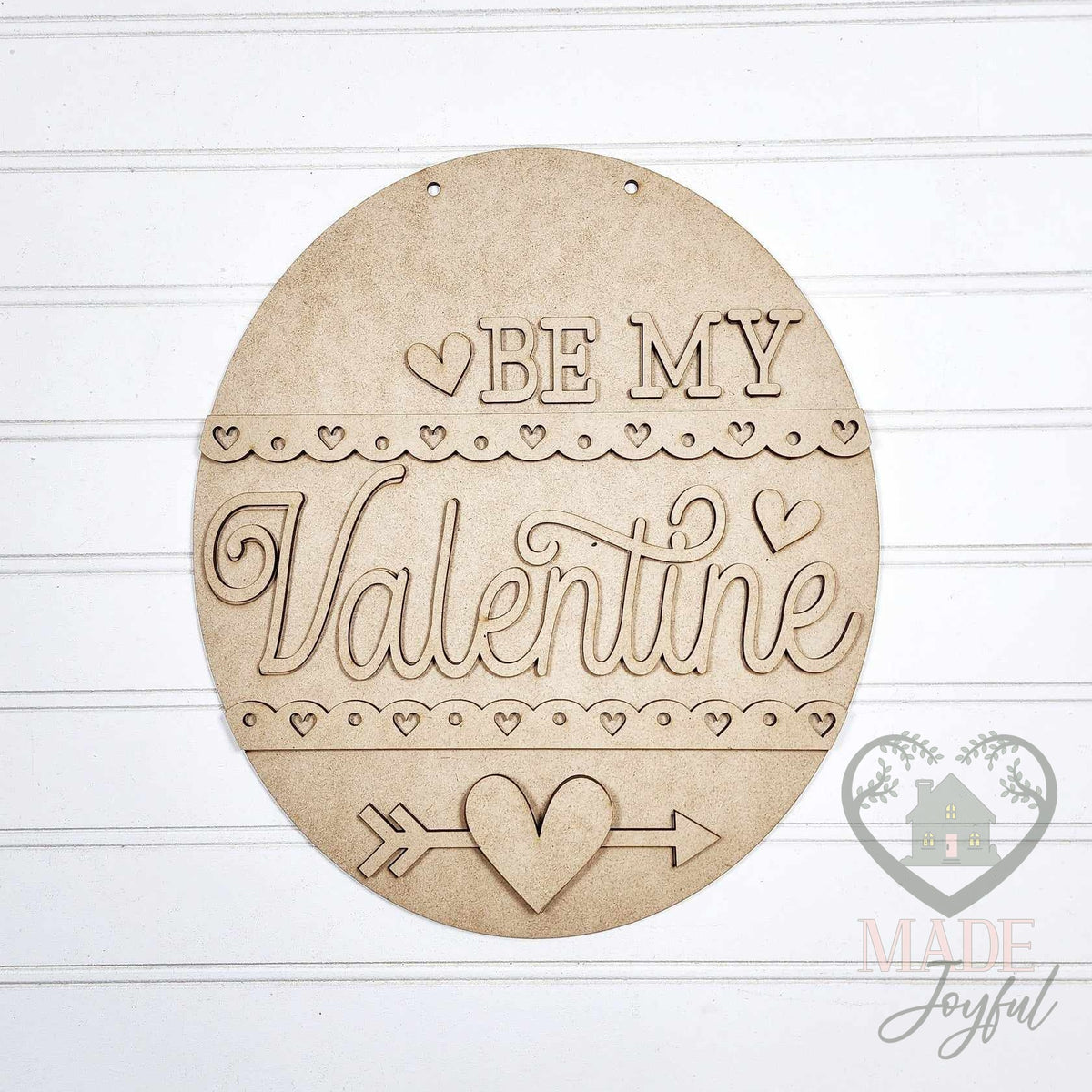 Unfinished laser-cut wood Be My Valentine door hanger kit, ready to paint at a DIY party in Williamson County, TN.