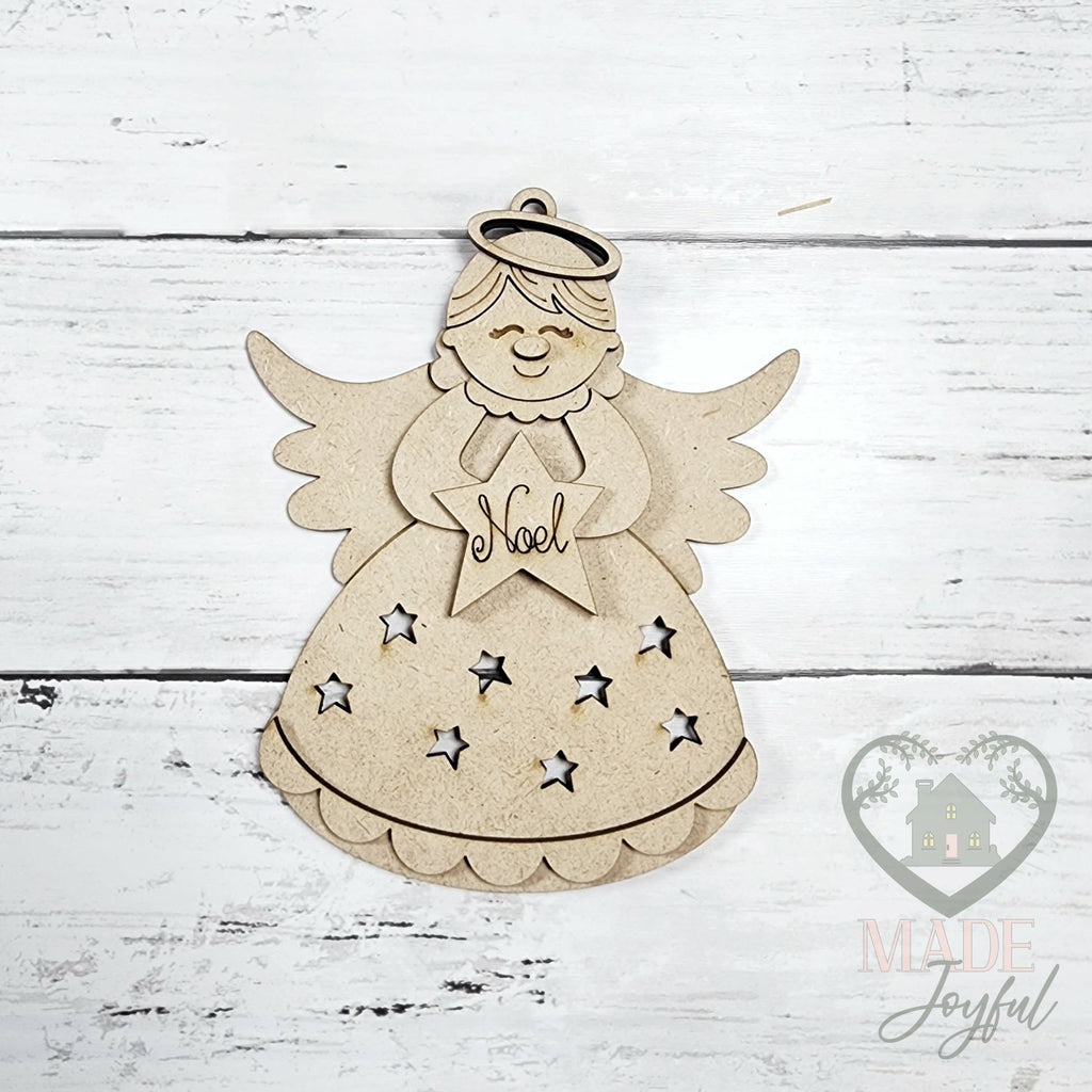 Unfinished laser-cut wood angel star cut out ornament kit, ready to paint at a DIY party in Williamson County, TN.