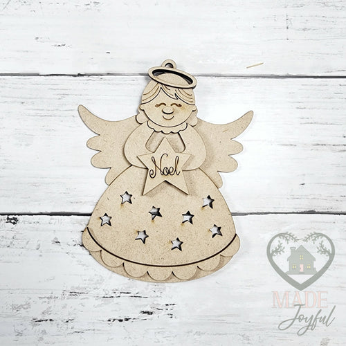 Unfinished laser-cut wood angel star cut out ornament kit, ready to paint at a DIY party in Williamson County, TN.