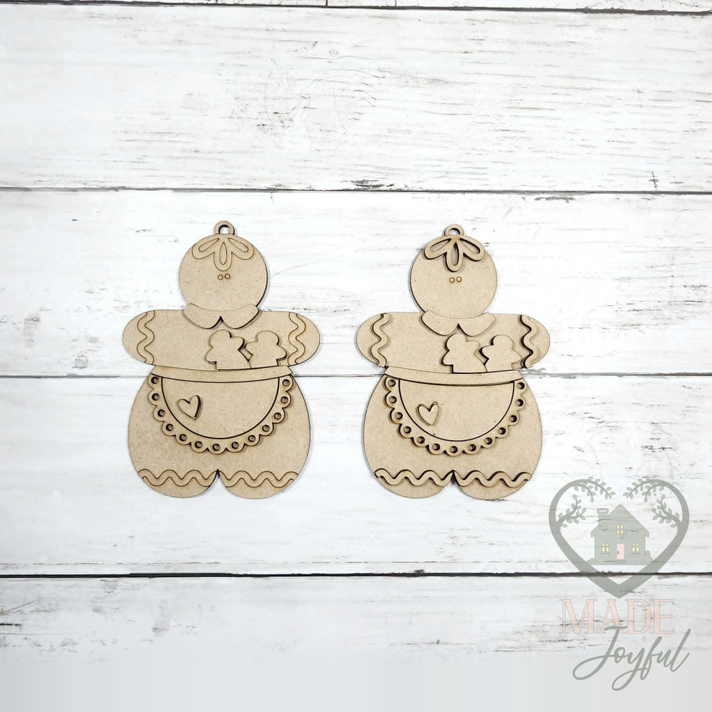 Unfinished laser-cut wood gingerbread baker ornament kit with two ornaments, ready to paint at a DIY party in Williamson County, TN.
