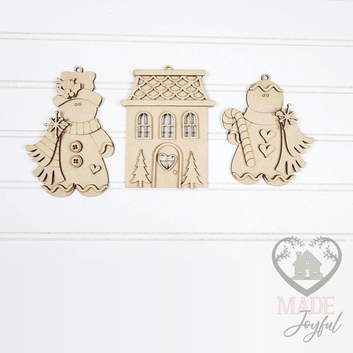 Unfinished laser-cut wood Victorian gingerbread ornament kit with three ornaments, ready to paint at a DIY party in Williamson County, TN.
