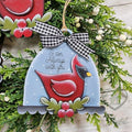 Cardinal cloche ornament reading I Am Always With You, with a red cardinal, holly berries and a gingham bow, hand-painted in Brentwood, TN.