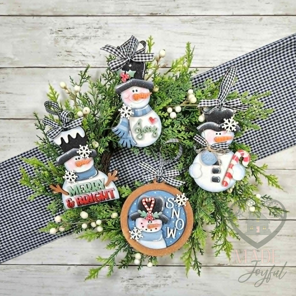 Candy Cane Snowman and Joy Snowman ornaments