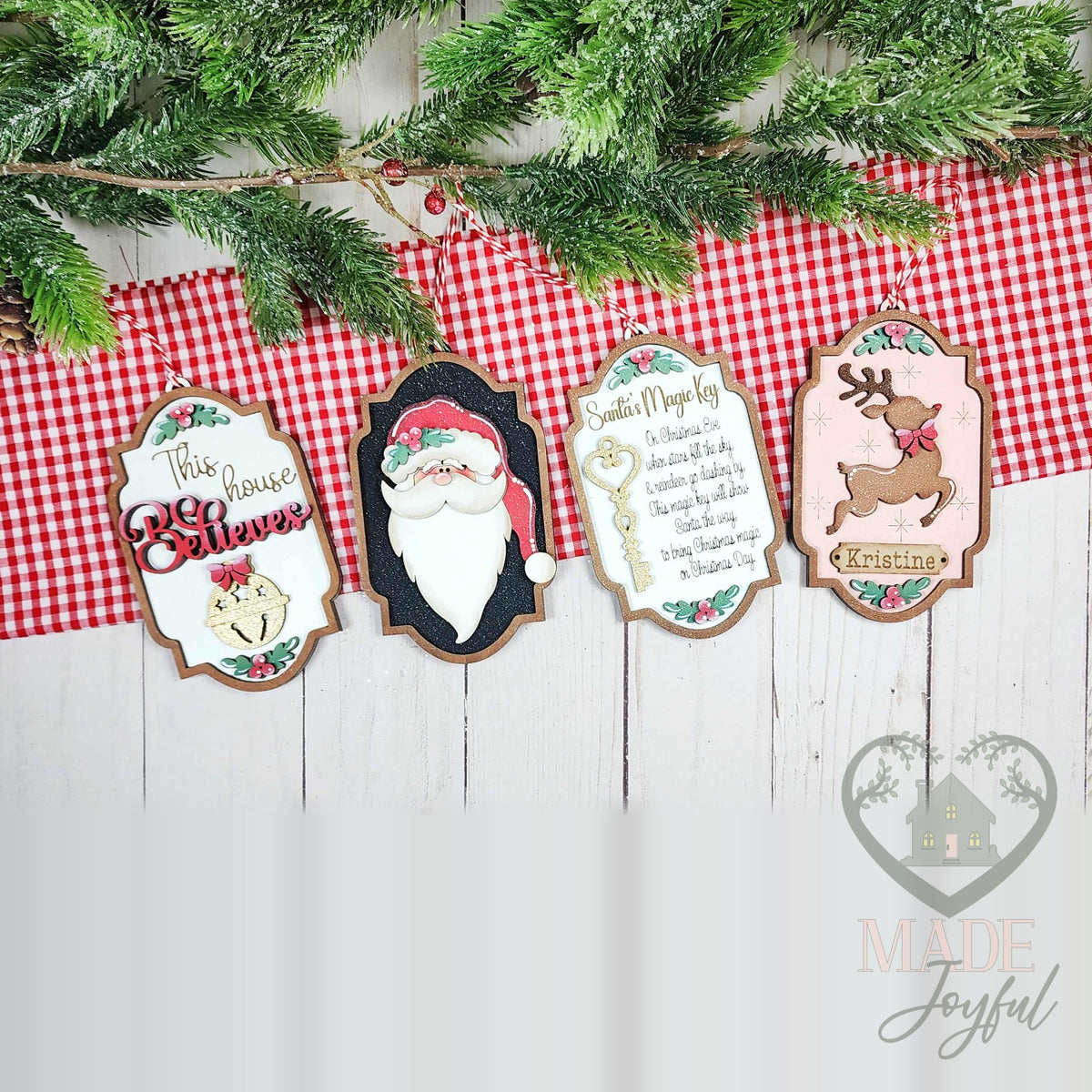 North Pole ornament set with This House Believes, Santa, Santa's Magic Key and a personalized reindeer ornament, hand-painted in Brentwood, TN.