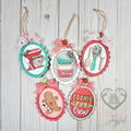 Five retro Christmas baking ornaments with a stand mixer, mixing bowls, utensils, gingerbread man and Cookie Crew in scalloped frames, hand-painted in Brentwood, TN.