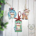 Christmoose ornament set with a round moose ornament, Merry Christmoose gift card holder and standing moose in a striped scarf, hand-painted in Brentwood, TN.