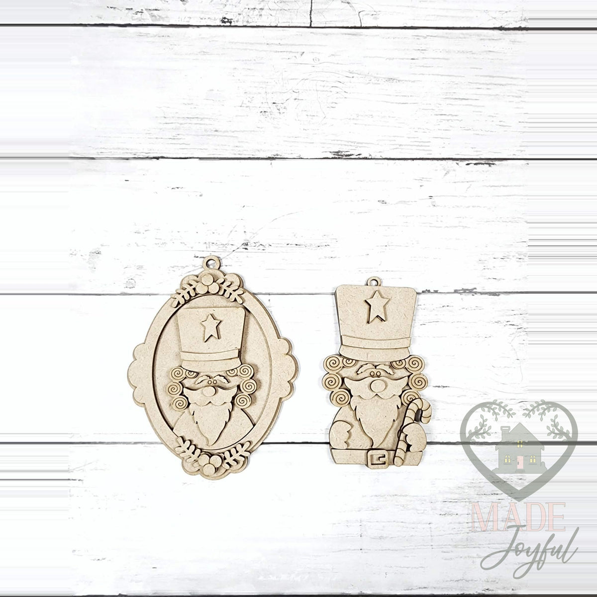 Unfinished laser-cut wood bonus nutcracker cameo and standing nutcracker ornaments, ready to paint at a DIY party in Williamson County, TN.