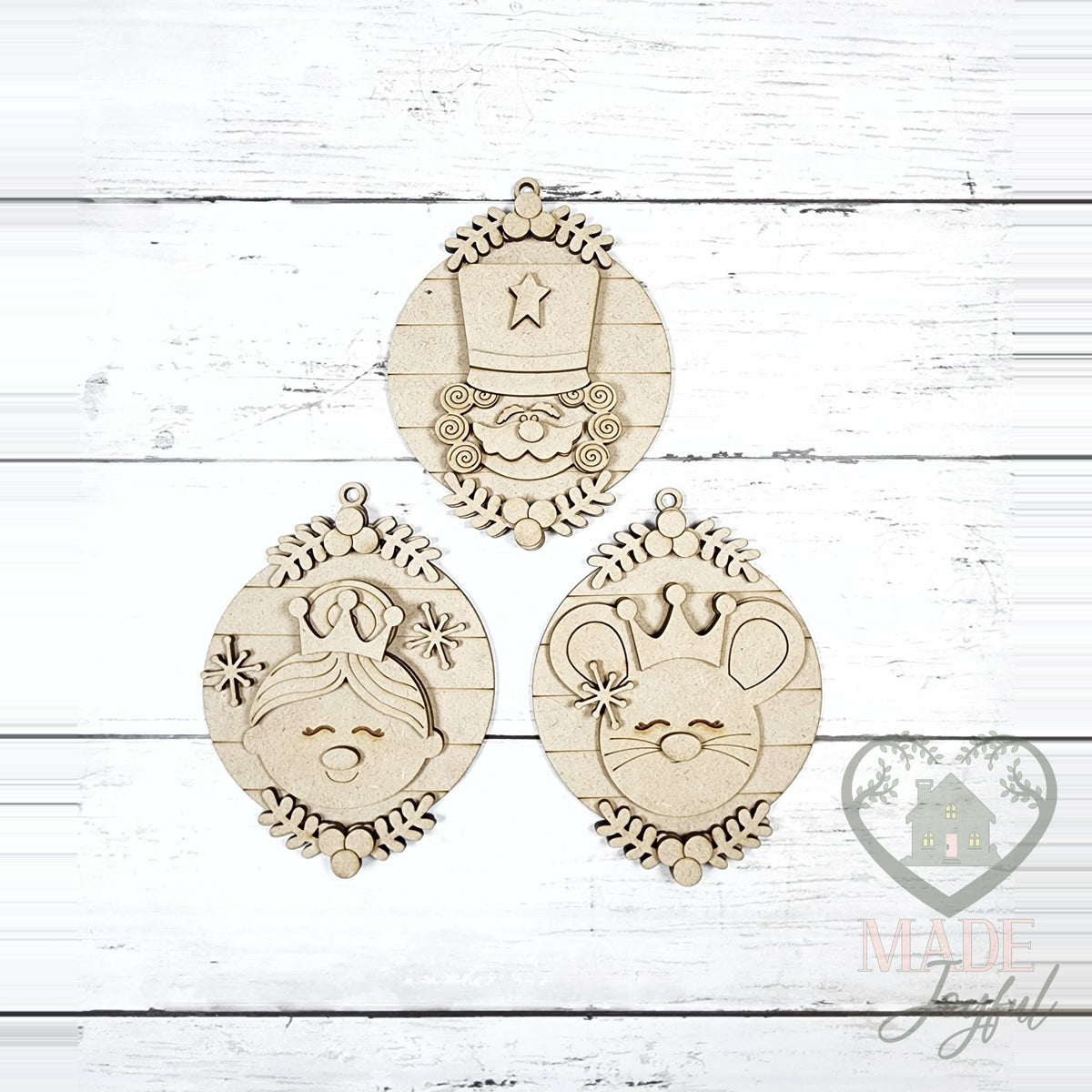 Unfinished laser-cut wood Nutcracker ballet ornament kit with three ornaments, ready to paint at a DIY party in Williamson County, TN.