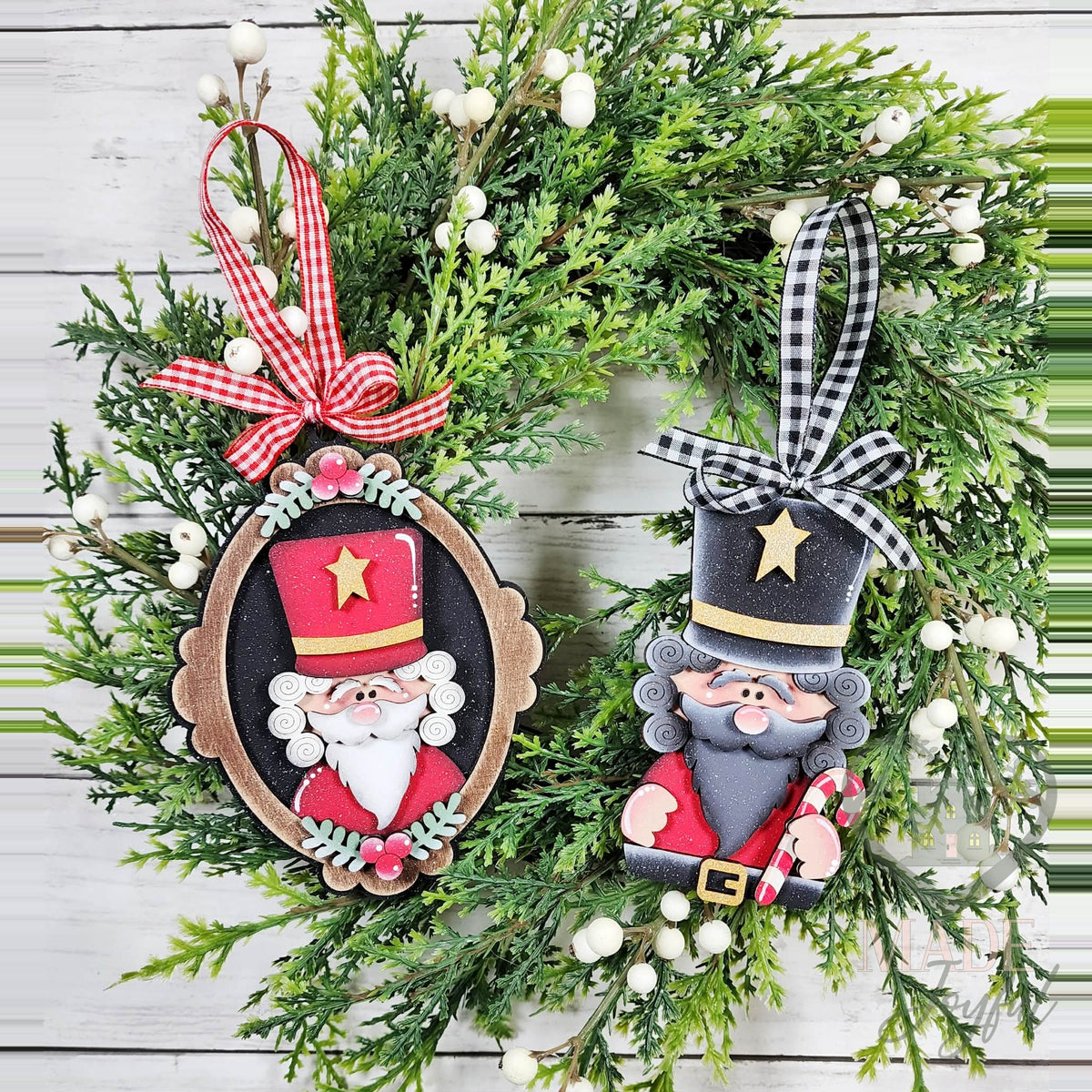Nutcracker cameo ornament and standing nutcracker ornament with candy cane, hung with red and black gingham ribbon, hand-painted in Brentwood, TN.