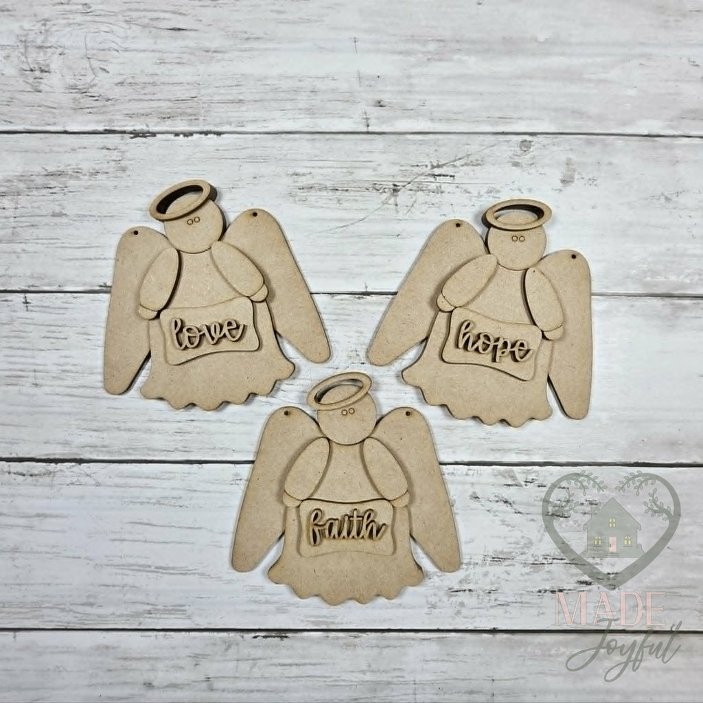 Unfinished laser-cut wood prim angel ornament kit with three angels, ready to paint at a DIY party in Williamson County, TN.
