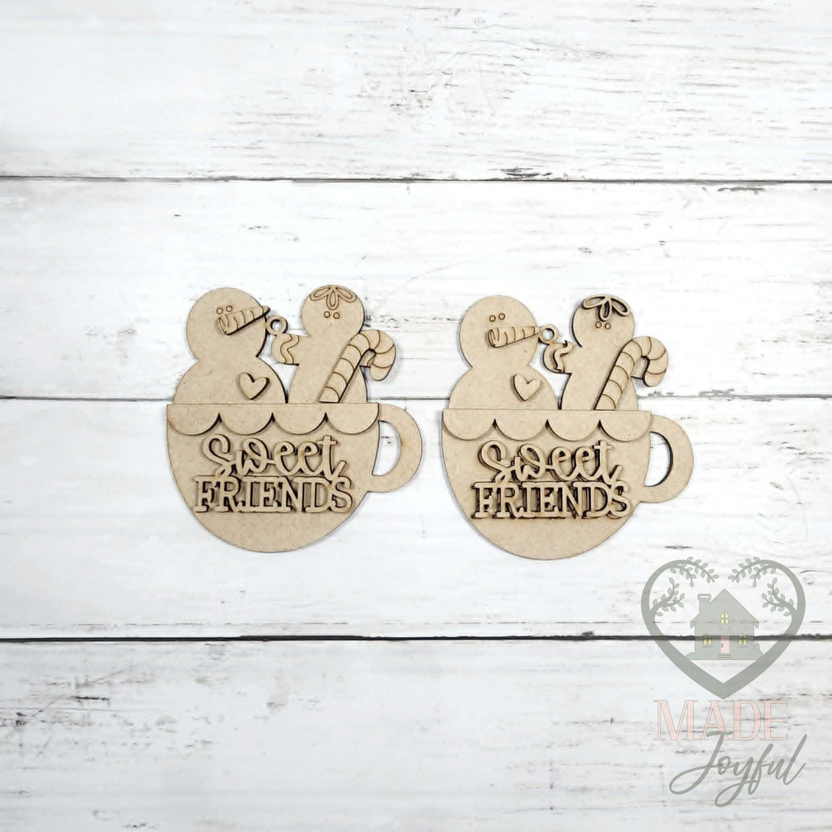 Unfinished laser-cut wood Sweet Friends cocoa mug ornament kit, ready to paint at a DIY party in Williamson County, TN.