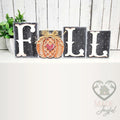 FALL word block with black distressed letters and an orange sweater-knit pumpkin with a heart, hand-painted in Brentwood, TN.