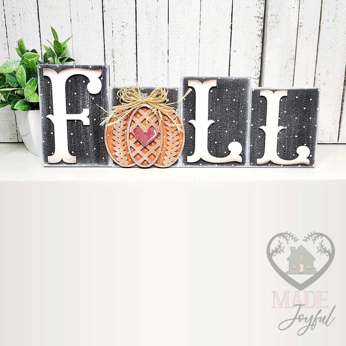 FALL word block with black distressed letters and an orange sweater-knit pumpkin with a heart, hand-painted in Brentwood, TN.