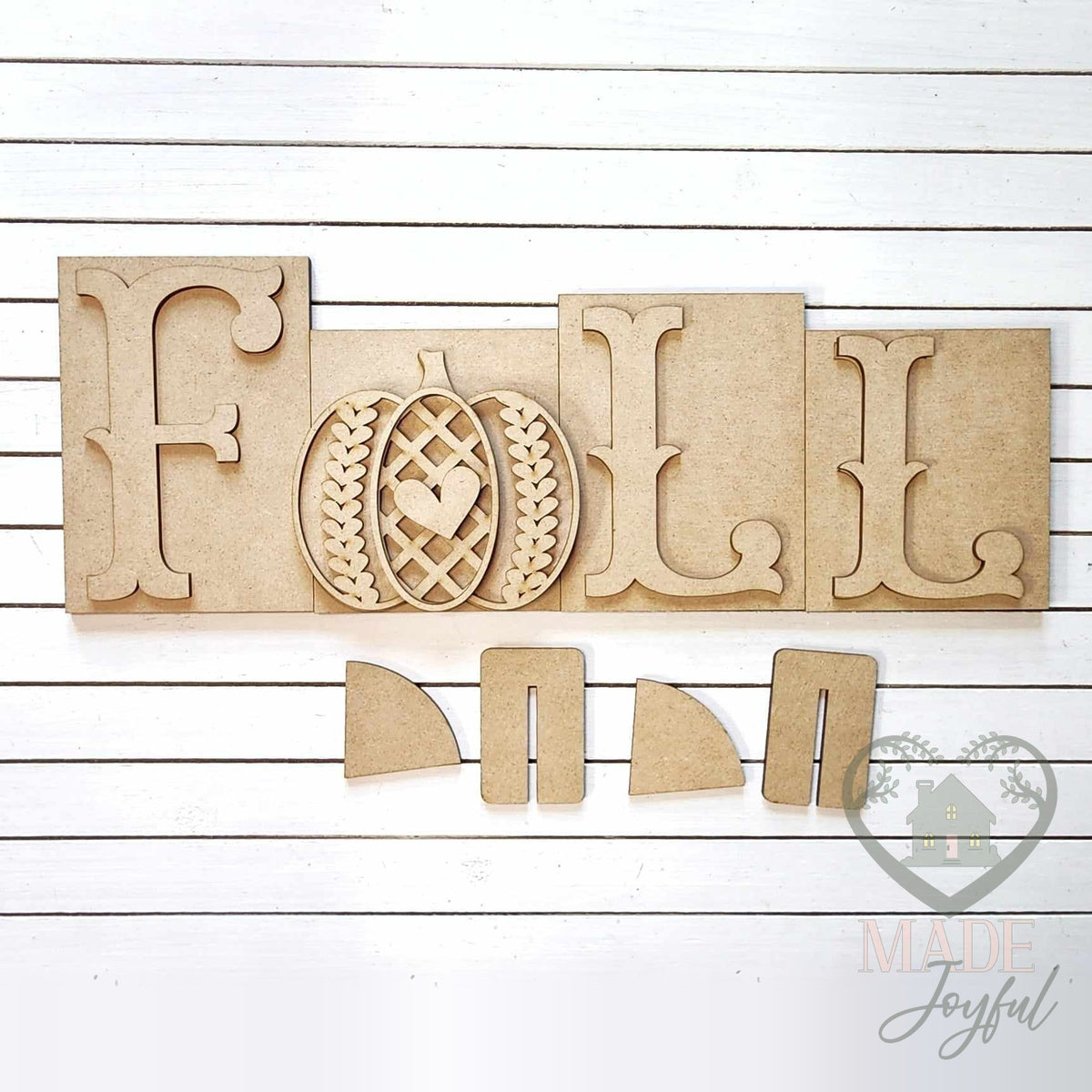 Unfinished laser-cut wood Fall Sweater Pumpkin Word Block DIY kit, ready to paint at a DIY party in Williamson County, TN.