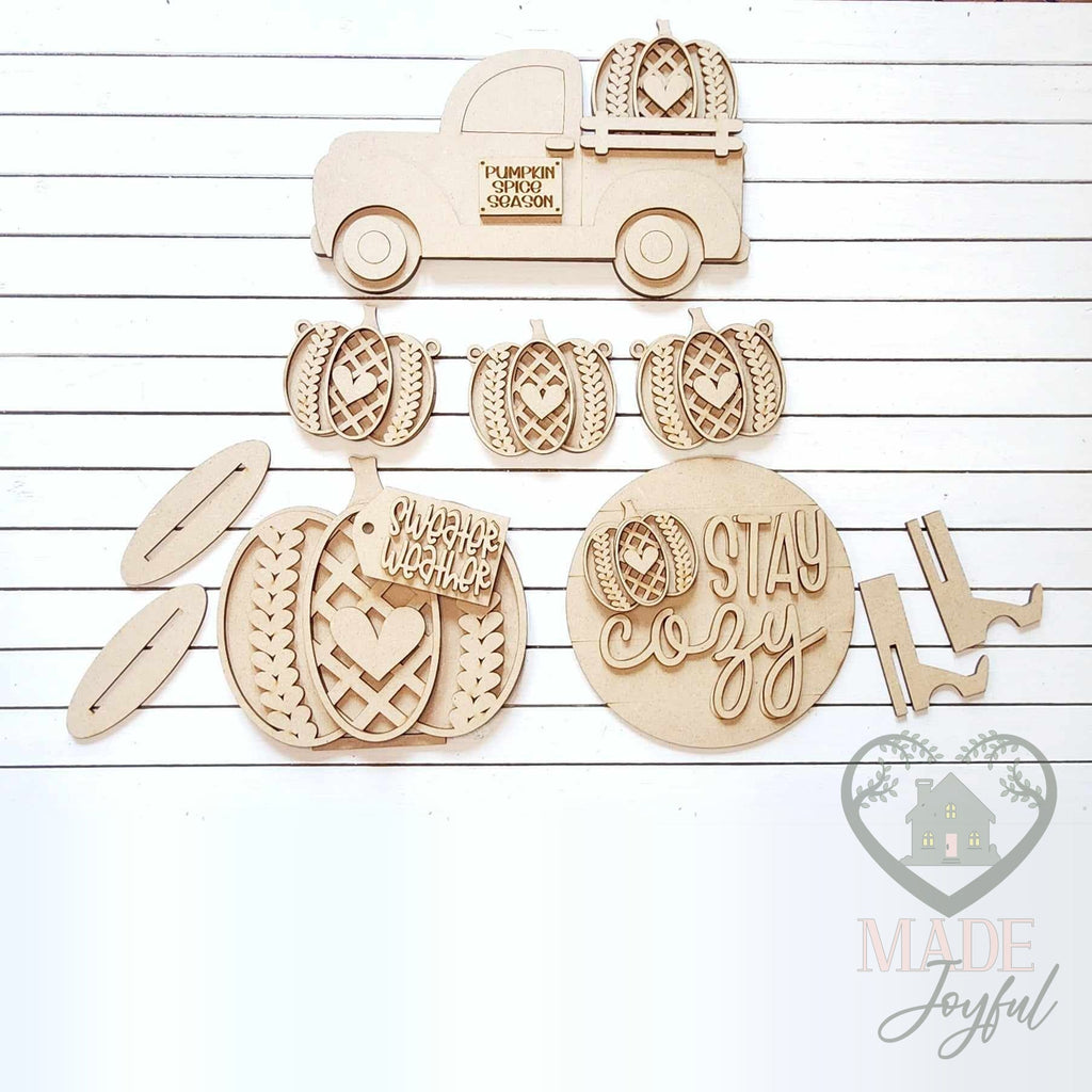 Unfinished laser-cut wood Sweater Weather Tiered Tray Decor Set DIY kit, ready to paint at a DIY party in Williamson County, TN.