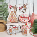 Gingerbread tiered tray decor set with frosted house, Peppermint Wishes sign, Gingerbread Cookie Company sign, and gingerbread banner, hand-painted in Brentwood, TN.