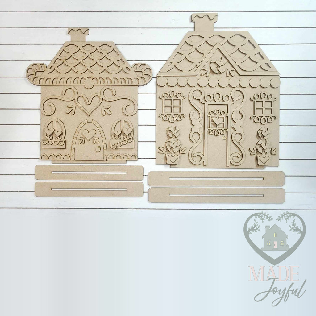 Unfinished laser-cut wood Gingerbread House Shelf Sitters DIY kit, ready to paint at a DIY party in Williamson County, TN.
