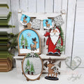Oh Deer Christmas Eve tiered tray set with Santa, reindeer, snow globe sign, and snowflake banner, hand-painted in Brentwood, TN.