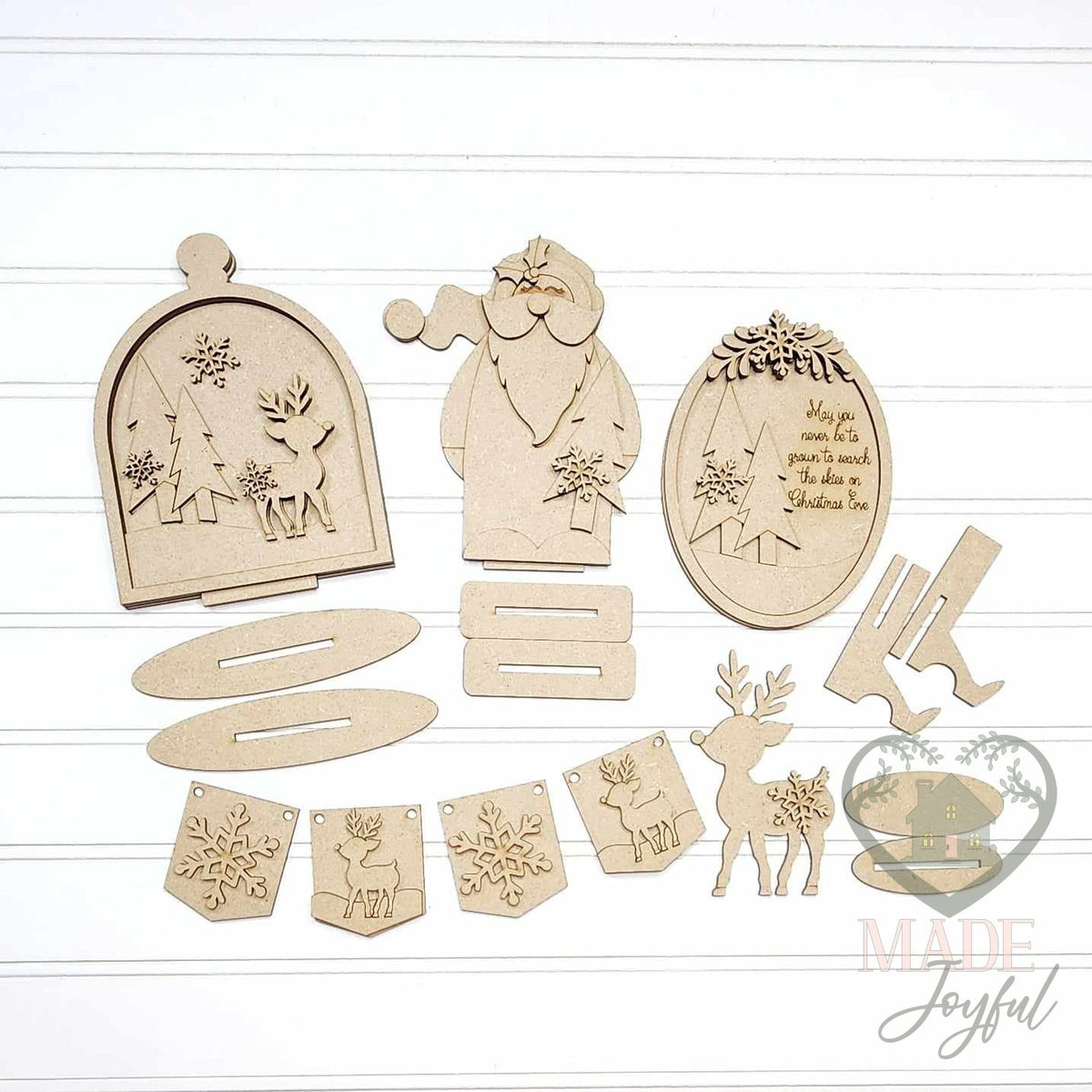 Unfinished laser-cut wood Oh Deer Christmas Eve Tiered Tray Decor Set DIY kit, ready to paint at a DIY party in Williamson County, TN.
