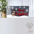Oh Deer Merry Christmas mantel sign with birch trees, a reindeer, snowflakes, and red script on navy, hand-painted in Brentwood, TN.
