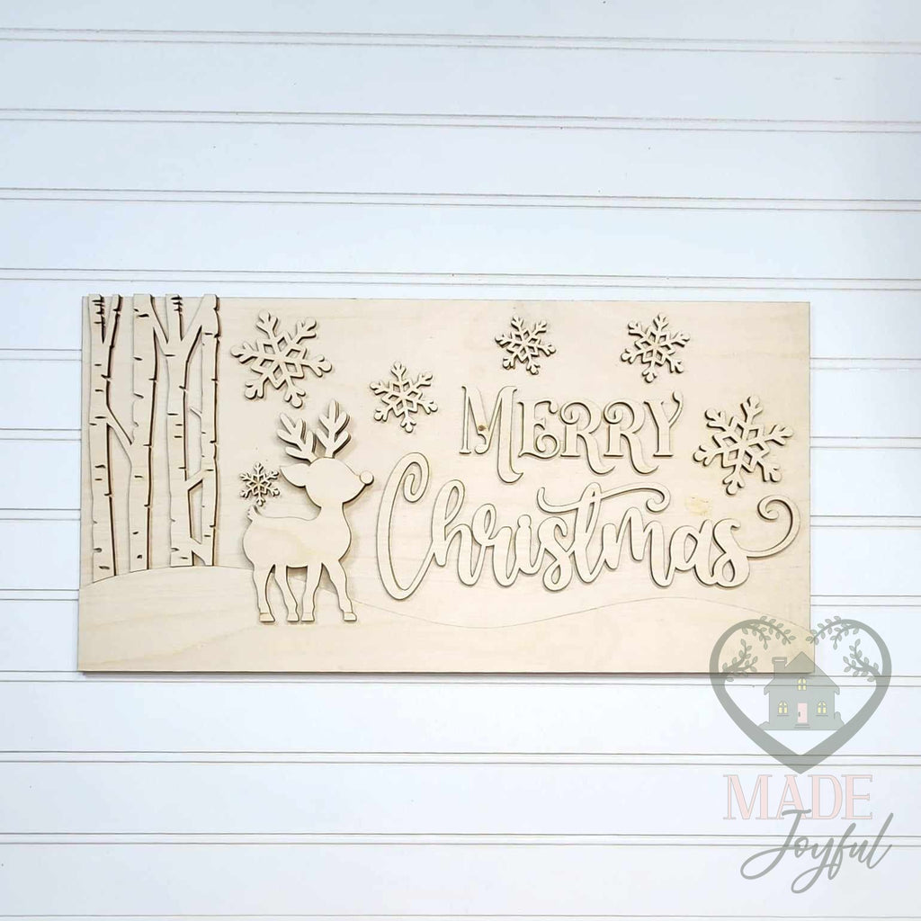 Unfinished laser-cut wood Oh Deer Merry Christmas Mantel Sign DIY kit, ready to paint at a DIY party in Williamson County, TN.