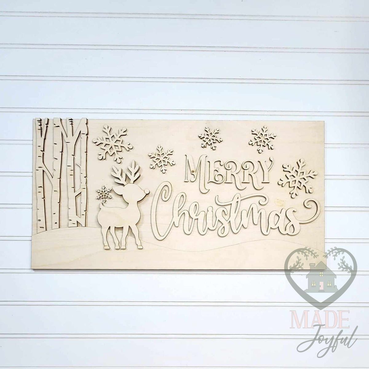 Unfinished laser-cut wood Oh Deer Merry Christmas Mantel Sign DIY kit, ready to paint at a DIY party in Williamson County, TN.