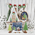 Winter Cabin tiered tray set with A-frame cabin, Welcome Winter sign, deer oval, trees, and wreath banner, hand-painted in Brentwood, TN.