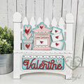 Love Letters Valentine insert with mailbox, envelopes, heart topiary, and Valentine plaque in a white picket base, hand-painted in Brentwood, TN.