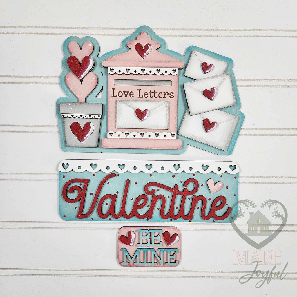 Love Letters Valentine insert pieces painted in pink, aqua, and red, hand-painted in Brentwood, TN.